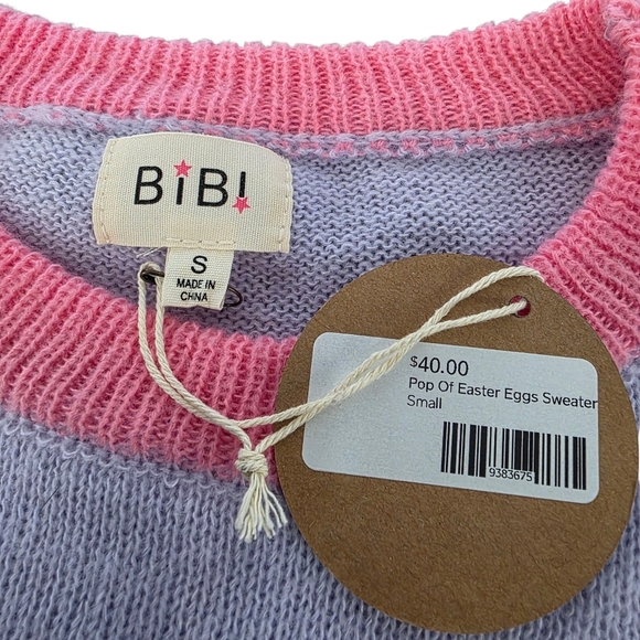 BiBi “Pop of Easter Eggs” Knit Sweater Size Small Pastel Lavender w/ Sequin Eggs - Picture 4 of 6
